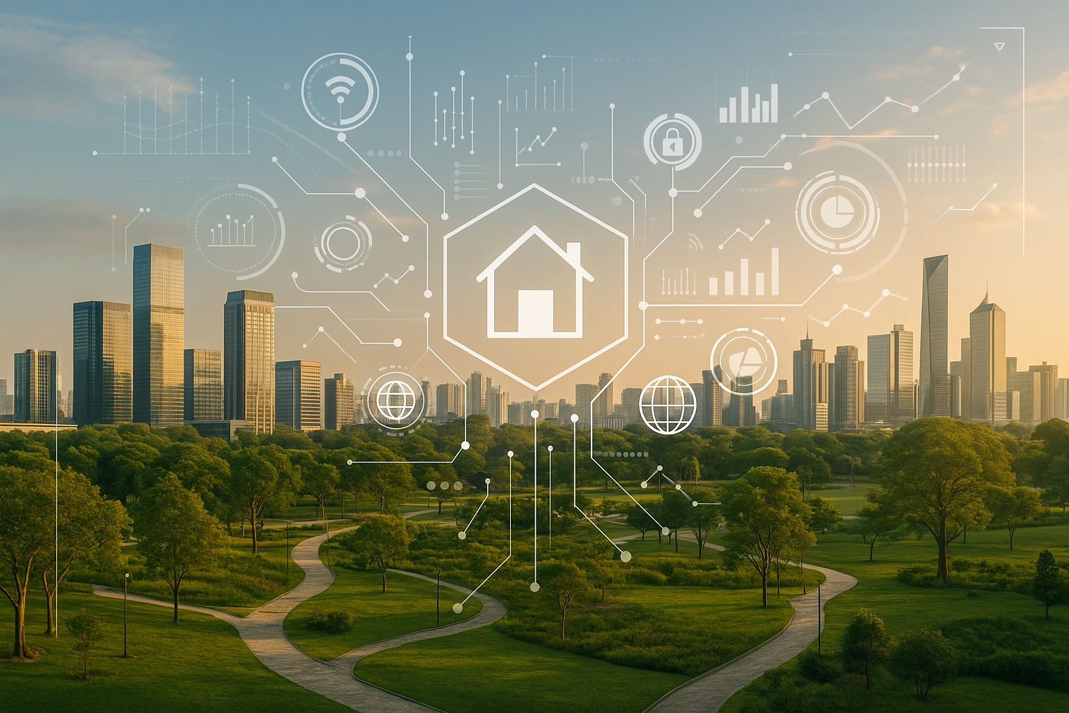 Futuristic cityscape with digital overlay representing technology and innovation